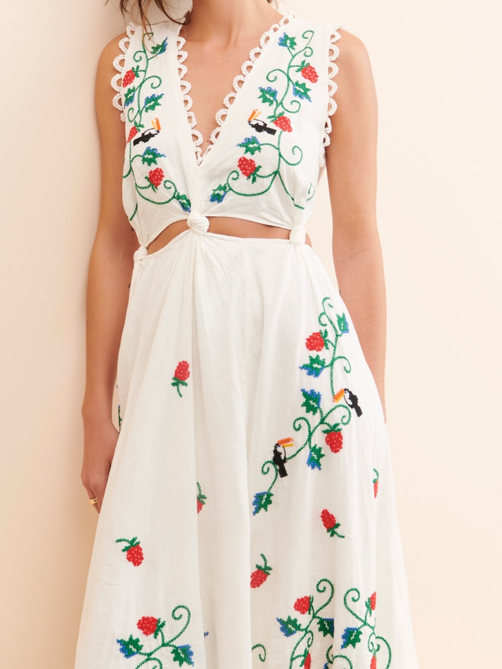 Farm Rio Cross Stitch Toucan Embroidered Midi Dress Linen Blend - Picture 3 of 7